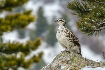 Obraz premium Speckled white and brown upland bird perches upon a mossy rock in a wintry forest setting