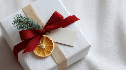 Elegant white gift box wrapped with rustic fabric ribbon and natural, festive holiday decor. Simple, stylish packaging with a blank tag for personal message, rustic Christmas aesthetic.
