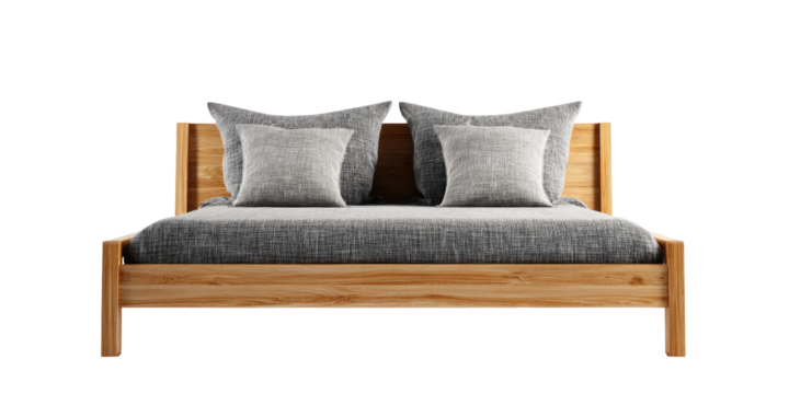 Light wood bed with gray linens