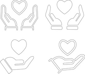 Heart in hand icon set.Outlined and solid icon pair of hands holding heart symbol, representing love, care, support, and charity in minimalist black design.Love, care healthcare symbol.