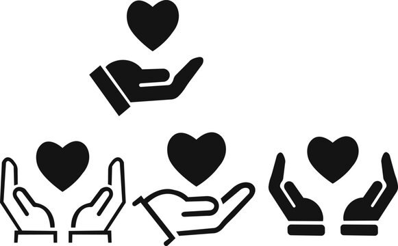 Heart in hand icon set.Outlined and solid icon pair of hands holding heart symbol, representing love, care, support, and charity in minimalist black design.Love, care healthcare symbol.