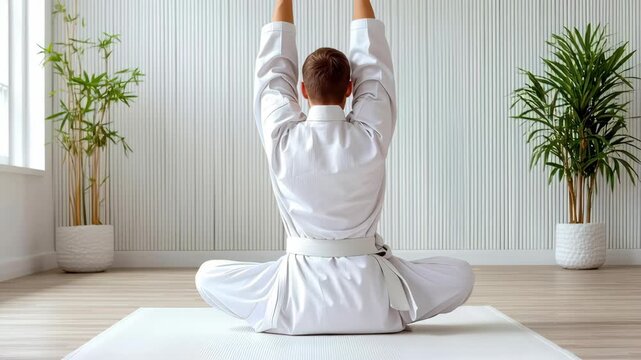 Calm meditation martial art karate uniform gi white belt serene studio indoor dojo zen posture focus mindfulness discipline stretching balance