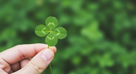 Hand holding a four-leaf clover with blurred green background