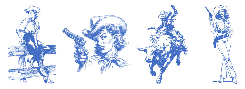 Western cowgirl vintage set with woman sitting on ranch fence, pistol girl portrait, rodeo bull rider, standing cowgirl with gun. Retro sketch vector. Wild west retro art Americana culture.