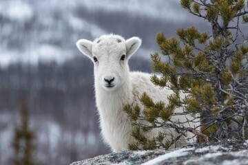Fototapeta premium Young white mountain ungulate peers out from behind evergreen foliage in a cold environment