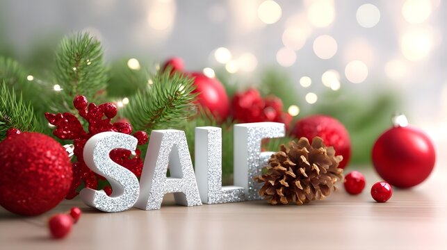 Silver glitter letters spelling  SALE  are part of a festive holiday display featuring red baubles sparkling snowflakes evergreen sprigs and a pinecone on a wooden surface