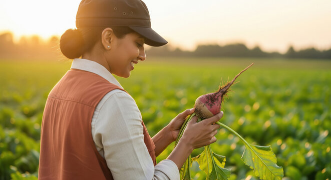 Woman farmer happily inspecting fresh organic beet at sunset. - Powered by Adobe
