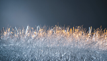 Frosty grass with golden backlight winter abstract background