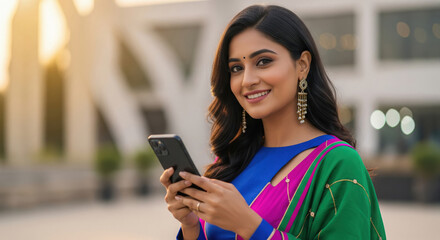 Beautiful Indian Woman Smiling, Using Smartphone in Golden Hour