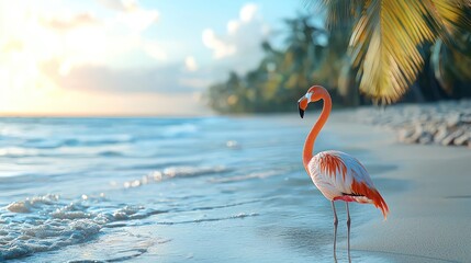 Flamingo standing on tropical beach at sunrise.