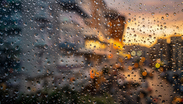 Rainy City Street at Sunset Through Wet Window Glass