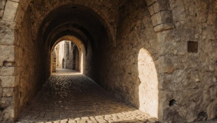 Fototapeta premium Stone tunnel with arched ceiling and cobbled path, illuminated by sunlight at the end