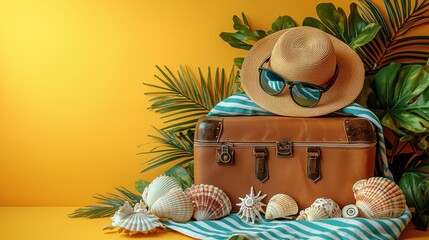 Vintage suitcase with summer accessories.