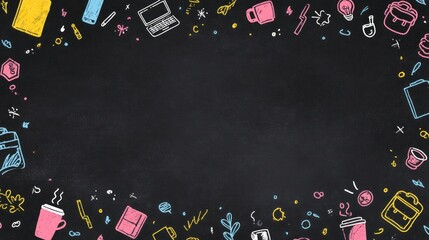 A colorful chalk-drawn border featuring various doodles of everyday items on a black background, creating a vibrant and playful design.