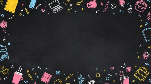 A colorful chalk-drawn border featuring various doodles of everyday items on a black background, creating a vibrant and playful design.