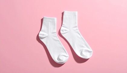 Plain white crew socks laid flat on pink background with soft shadows and minimal styling