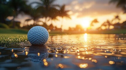 Golf ball on wet grass at sunset. (3)