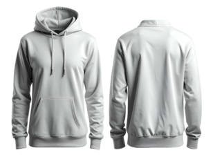 Front and back views of a plain white hooded sweatshirt