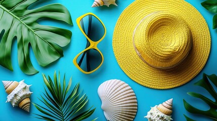 Flatlay of summer items hat, sunglasses, shells & leaves.