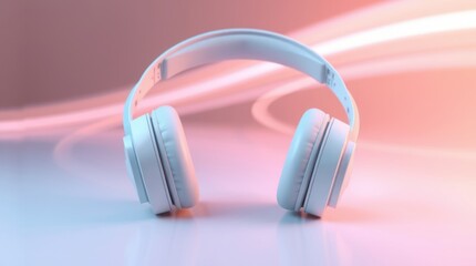 White headphones on a reflective surface with pink and orange lighting.