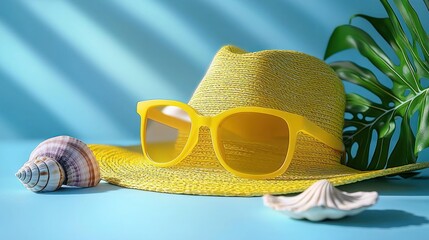 Yellow sunglasses on straw hat, seashells, tropical leaf.