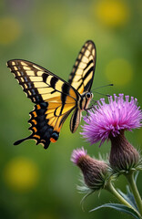 Naklejka premium Yellow butterfly with black stripes lands on purple thistle flower. Insect gathers nectar in green meadow on sunny day. Macro shot of winged creature in natural habitat.