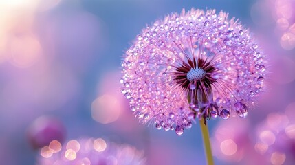 Dew-covered dandelion seed head, soft purple hues, bokeh background.