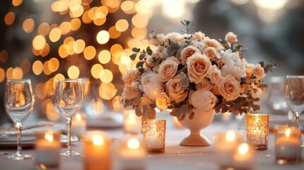 Elegant table setting with peach roses, candles, and bokeh lights.