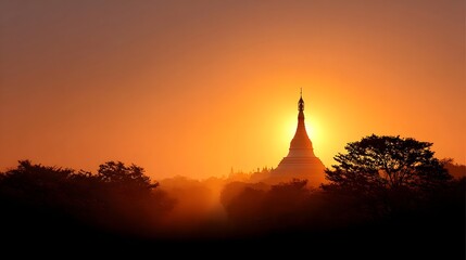 Obraz premium Experience tranquility with this breathtaking scene of a luminous stupa bathed in the warm glow of a golden sunset surrounded by silhouetted trees and atmospheric mist
