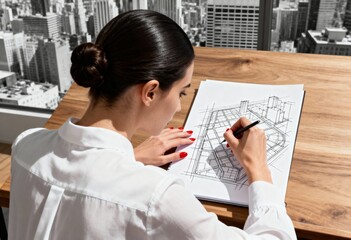 Female architect drawing an urban city plan at her desk. Professional woman sketching a new development project with a cityscape in the background