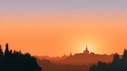Serene silhouette of a temple on a hill at sunset or sunrise featuring layered hills dark trees and a vibrant gradient sky creating a tranquil natural vista