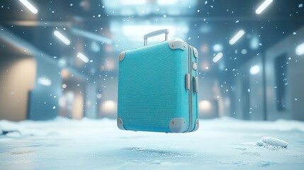 Floating light blue suitcase in snowy airport.