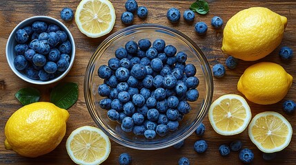 Fresh blueberries and lemons on wooden background.