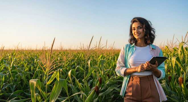 Smiling Woman Agronomist Inspects Cornfield with Tablet Technology