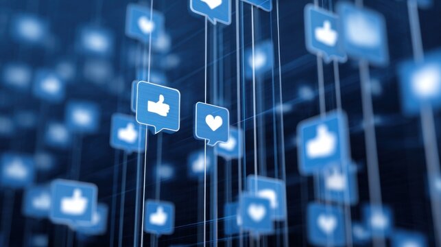 A digital representation of social media engagement, featuring floating icons like thumbs-up and hearts against a blue background. - Powered by Adobe