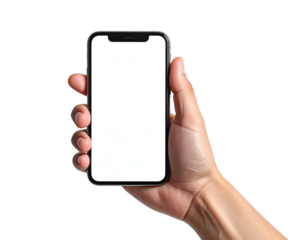 Hand holding a smartphone with a blank white screen