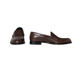 Elegant Men's A Brown leather loafer shoes, shiny surface, black sole, suitable for both formal and casual wear classic elegance shoes, transparent background.