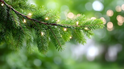 Close up view of a decorated evergreen branch with twinkling fairy lights creating a magical and cozy holiday atmosphere with a soft bokeh effect in the background