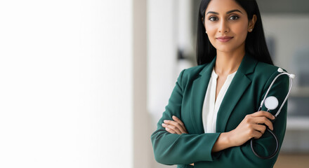 Confident Indian Female Doctor Poses with Stethoscope in Clinic