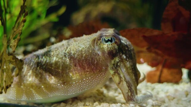 Cuttlefish resting on seabed near plants with textured skin and natural camouflage pattern