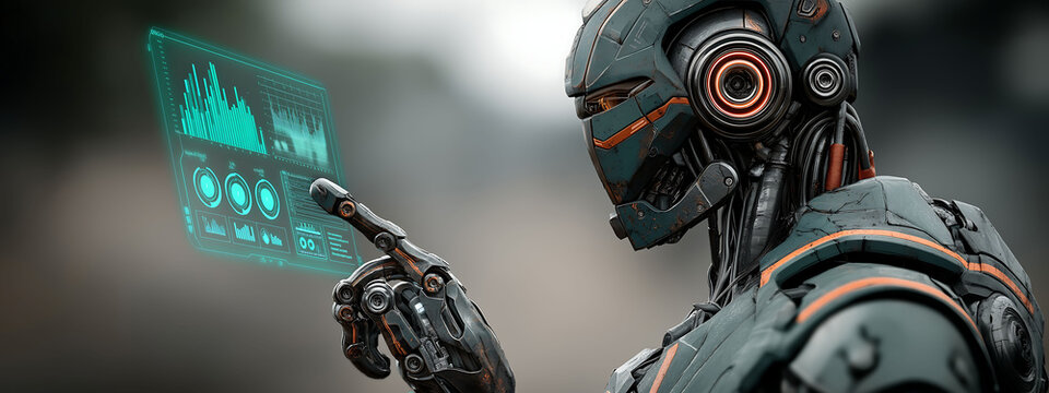 Futuristic AI robot analyzing holographic data with digital technology and dynamic lighting