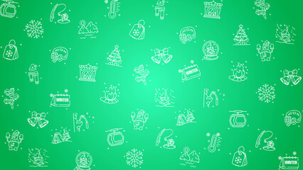 Doodle winter holiday icons line art seamless pattern on a green background