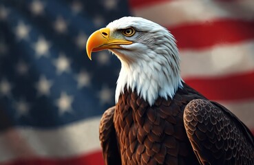 Naklejka premium Majestic bald eagle presents national pride. Symbol of strength with american flag on background. Bird embodies freedom, patriotism in United States of America. Wildlife animal shows powerful emblem,