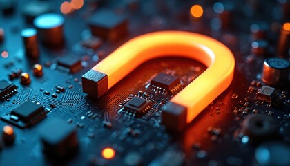 Glowing horseshoe magnet on circuit board with microchips. Represents tech innovation, data flow and magnetic energy in digital systems. Future concept.