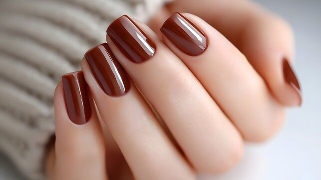 Perfectly manicured hand featuring rich shiny chocolate brown square nails highlighting beauty style and personal grooming against a soft textured textile backdrop