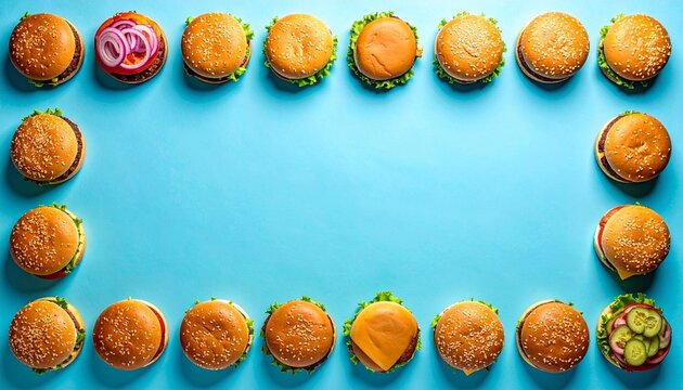 Grid of hamburgers on bright blue background