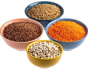 Obraz premium Variety of lentils in four colorful bowls, arranged together