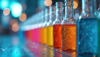 Colorful liquids with bubbles fill glass vials lined up in lab. Transparent containers hold various fluids, science, research, and testing environments. Blurred lights add bokeh effect to background.