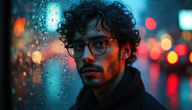 Young man looks through rain-streaked glass at night. Curly hair guy wears glasses near window with cityscape bokeh lights. Male watches city illumination with raindrops on pane. - Powered by Adobe