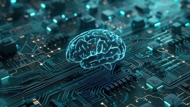 A computer chip with a brain on it. The brain is surrounded by wires and circuits